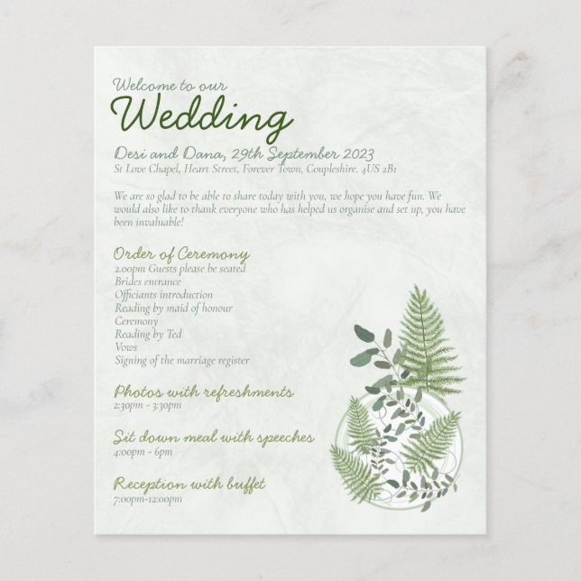 Eukalyptus- und Fern-Rings-Hochzeitsprogramm Flyer (Vorne)