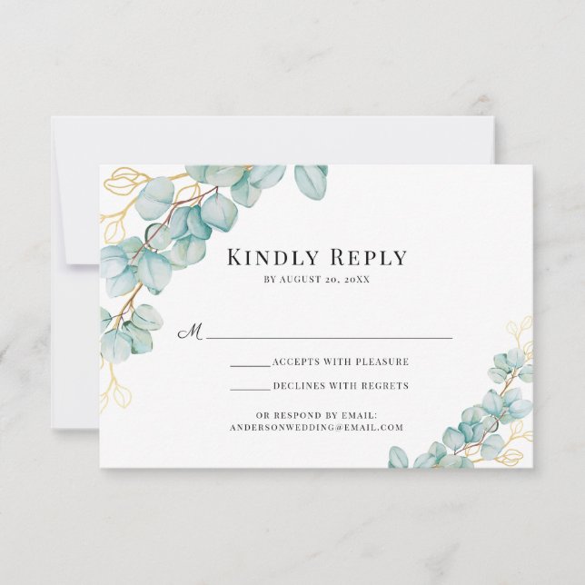 Eukalyptus und Gold Botanicals Wedding RSVP Karte (Vorderseite)