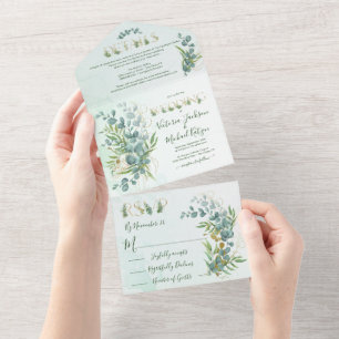 Eukalyptus und Gold Fern Botanische Hochzeit All In One Einladung