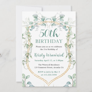 Eukalyptus und Gold Frame 50. Geburtstag Einladung