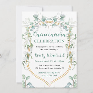 Eukalyptus und Gold-Rahmen-Quinceanera Einladung