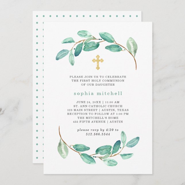 Eukalyptus und Goldkreuz | Erste Heilige Kommune Einladung (Vorne/Hinten)