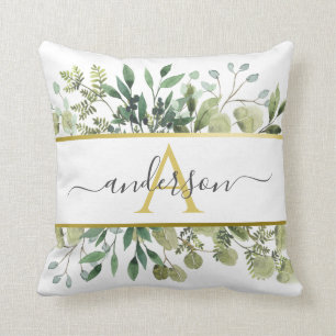 Eukalyptus und Grüne   Monogramm Kissen