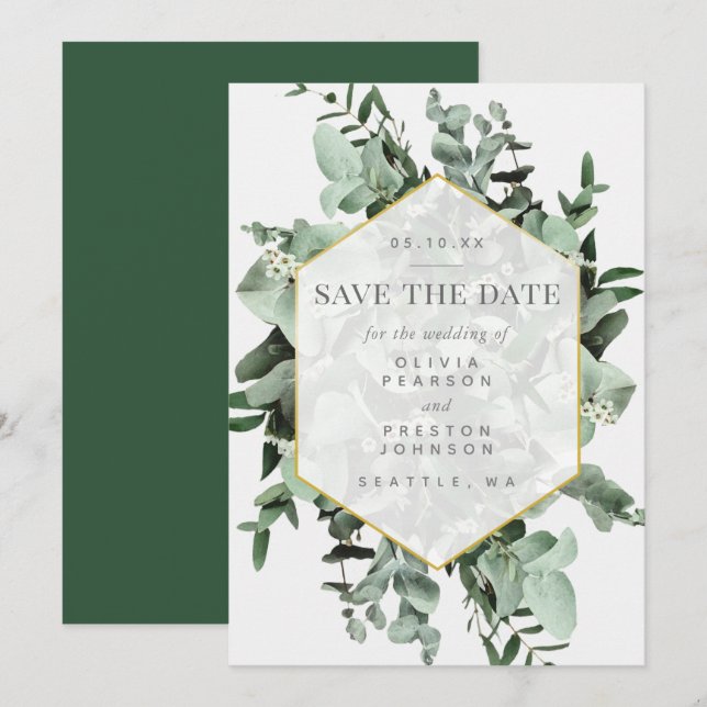Eukalyptus und Grüne Wasserfarbe Save the Date Einladung (Vorne/Hinten)