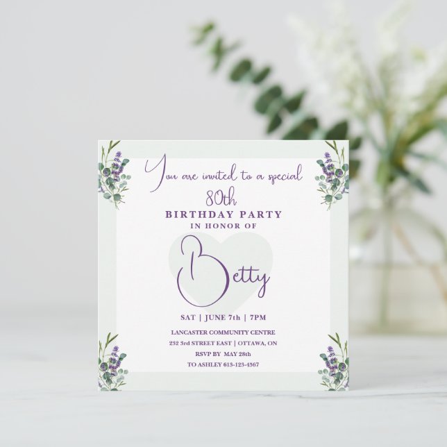 Eukalyptus und Lavender 100. Geburtstag Einladung (Stehend Vorderseite)