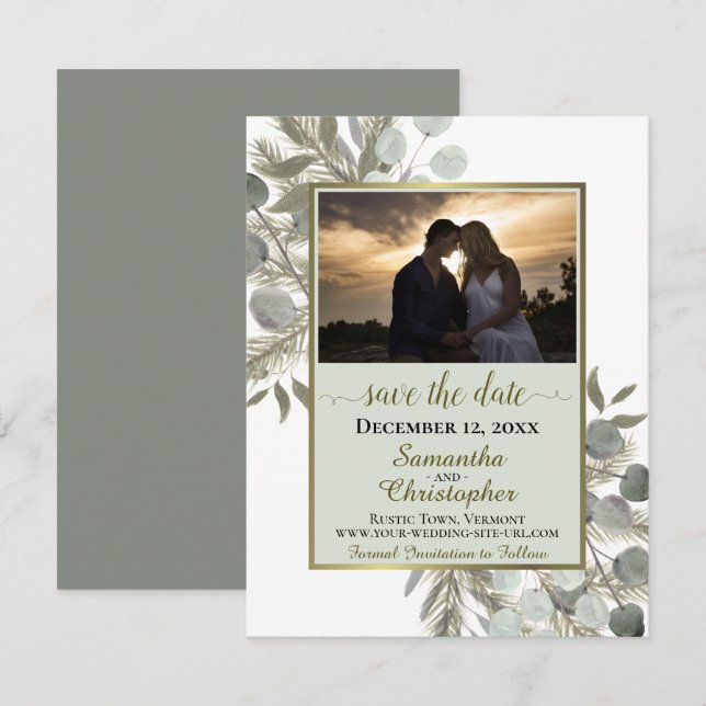 Eukalyptus und Pine mit Foto Hochzeit Save The Date (Vorne/Hinten)