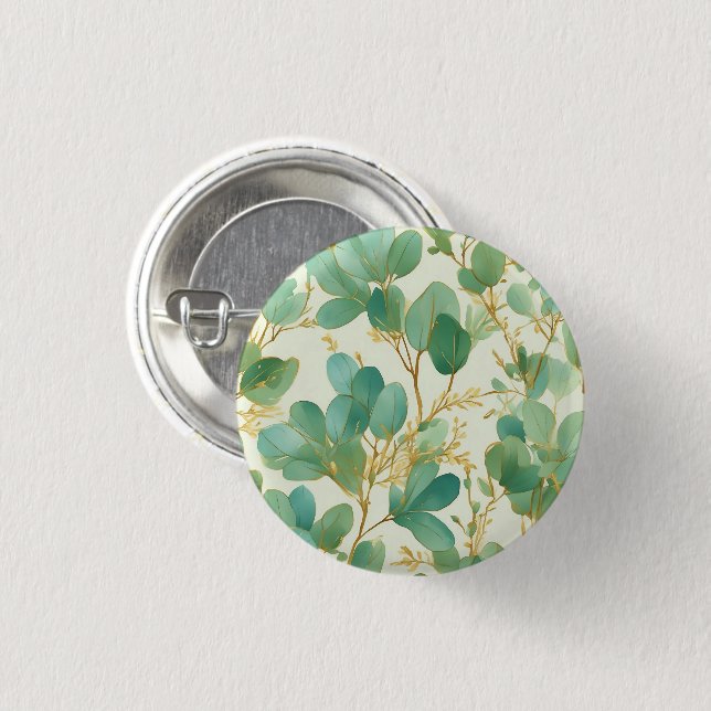Eukalyptus Verlasse ein grünes und goldenes Design Button (Vorne & Hinten)