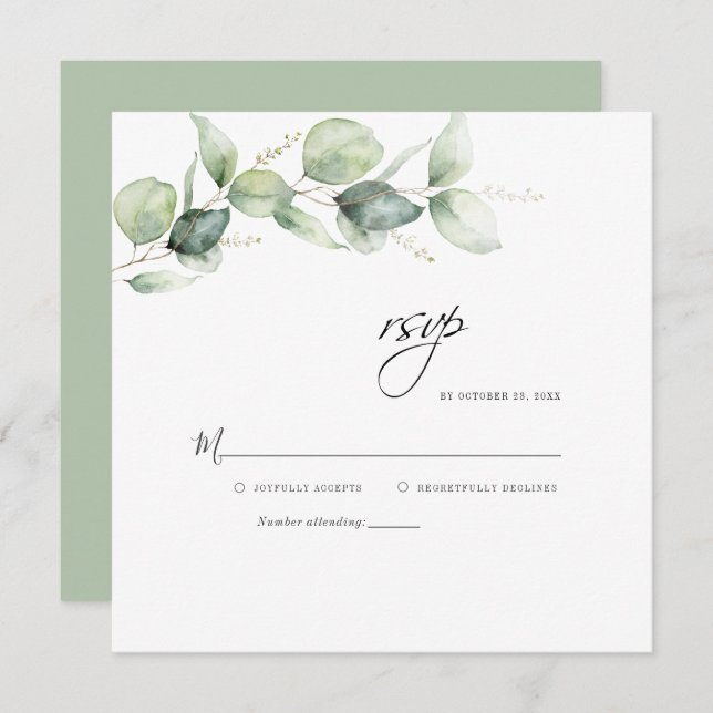 Eukalyptus Verlasse Greenery Wedding RSVP Card Mitteilungskarte (Vorne/Hinten)