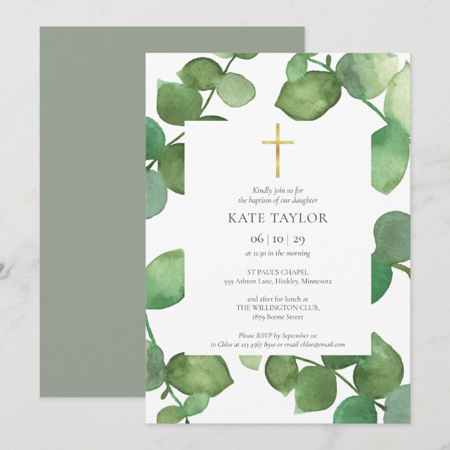 Eukalyptus Verlasse Grüne Taufe Christening Einladung (Vorne/Hinten)