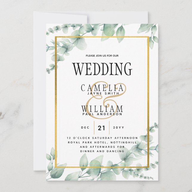 Eukalyptus Verlasse WEDDING Greenery GOLD QR CODE Einladung (Vorderseite)