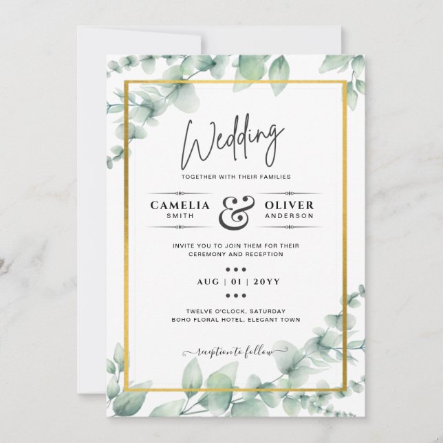 Eukalyptus Verlasse WEDDING Greenery GOLD QR CODE Einladung (Vorderseite)