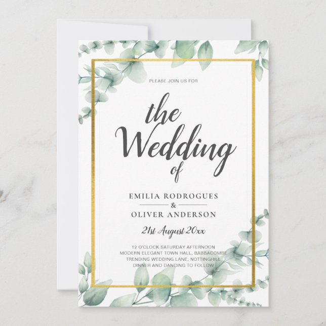 Eukalyptus Verlasse WEDDING Greenery GOLD QR CODE Einladung (Vorderseite)