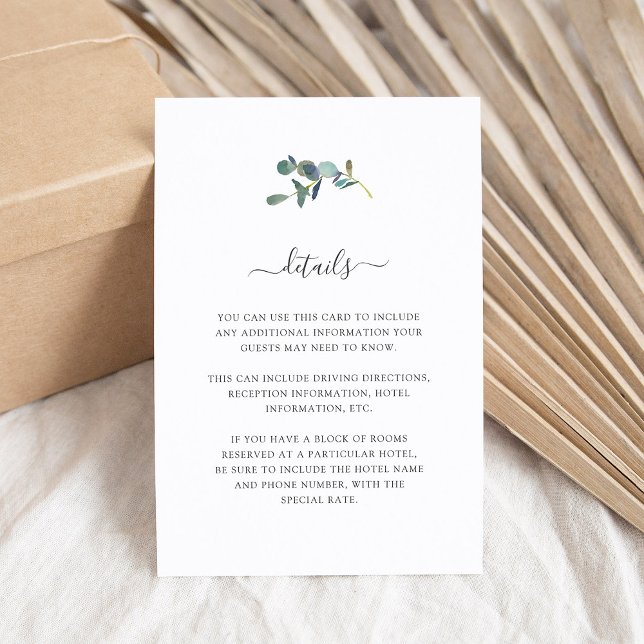 Eukalyptus-Wappen | Angaben zum Hochzeitgast Begleitkarte (A simple and elegant wedding detail card with eucalyptus leaves)