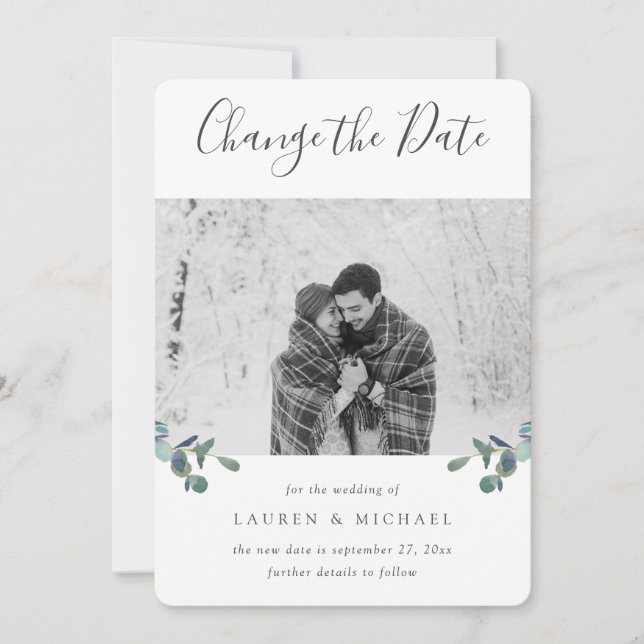 Eukalyptus Wappen Aquarellfarben Foto Datum ändern Ankündigung (Vorderseite)