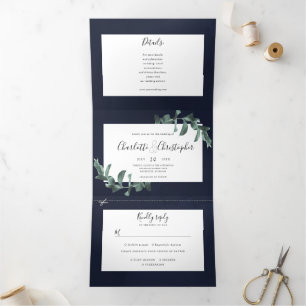 Eukalyptus wassercolor navy blue all in one weddin dreifach gefaltete einladung