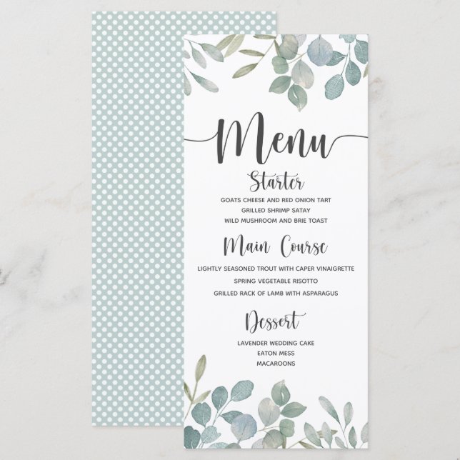 Eukalyptus wasserfarbe grün & weiß Hochzeit Menükarte (Vorne/Hinten)