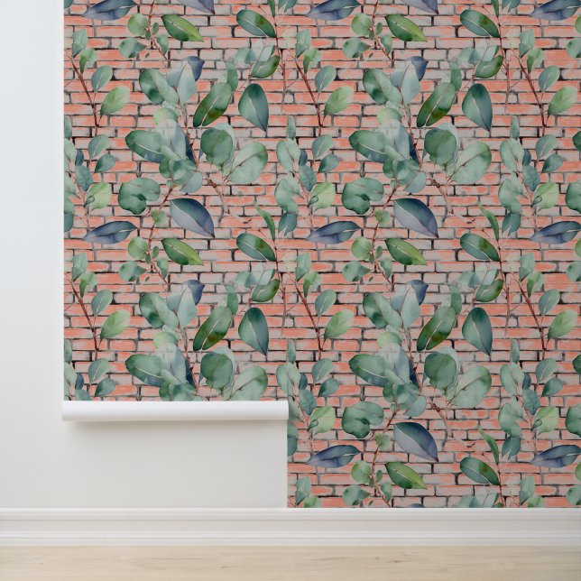 Eukalyptus Wasserfarben Rustikale Ziegelsteine Blä Tapete (Anwendung)