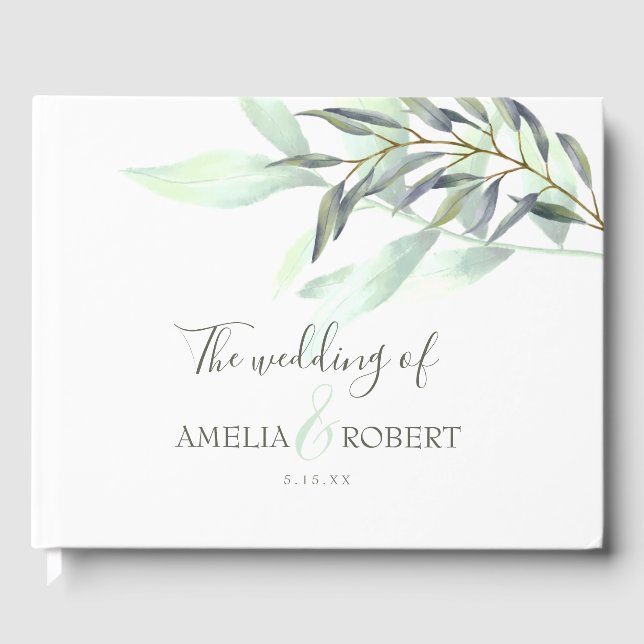 Eukalyptus Watercolor-Blätter Gästebuch (Vorderseite)
