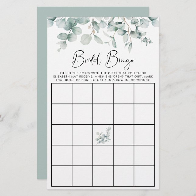 Eukalyptus Watercolor Bridal Bingo Duschgame (Vorne/Hinten)