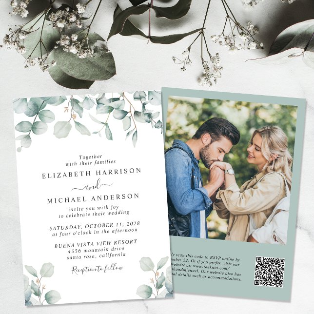 Eukalyptus Watercolor Foto QR Code Hochzeit Einladung (An elegant wedding invitation to set the tone for an unforgettable event)