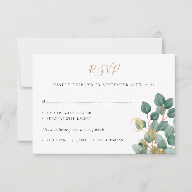 Eukalyptus Watercolor Gold Wedding RSVP Card (Vorderseite)