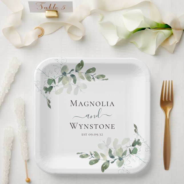 Eukalyptus Watercolor Monogram Pappteller (Hochzeit)