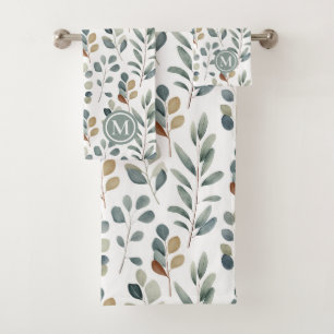 Eukalyptus Watercolor-Muster Monogramm Badhandtuch Set
