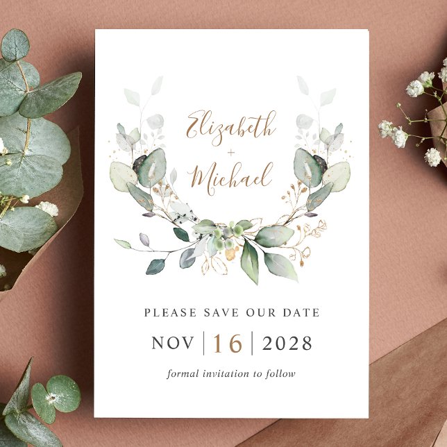 Eukalyptus Watercolor QR Code Foto Hochzeit Save The Date (Celebrate your love story with a save the date that exudes timeless beauty and elegance)