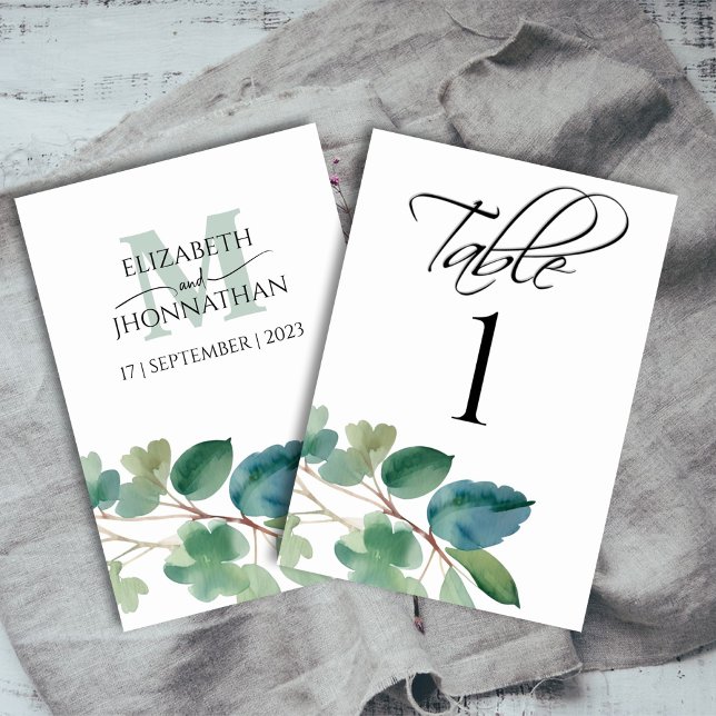 Eukalyptus Watercolor Script Wedding Monogram Tischnummer (Von Creator hochgeladen)