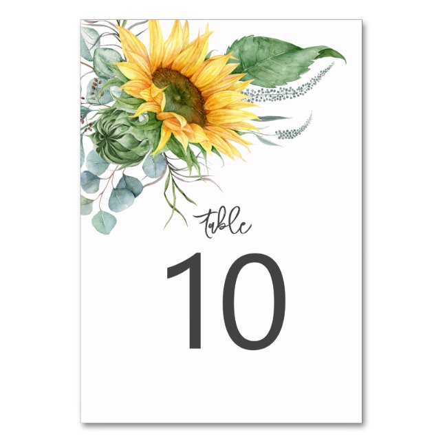 Eukalyptus Watercolor Wedding Rustic Sunflower Tischnummer (Vorderseite)