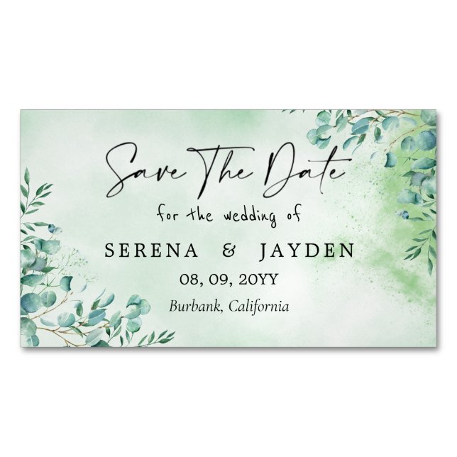 Eukalyptus Watercolor Wedding Save the date Magne Magnetische Visitenkarte (Vorderseite)