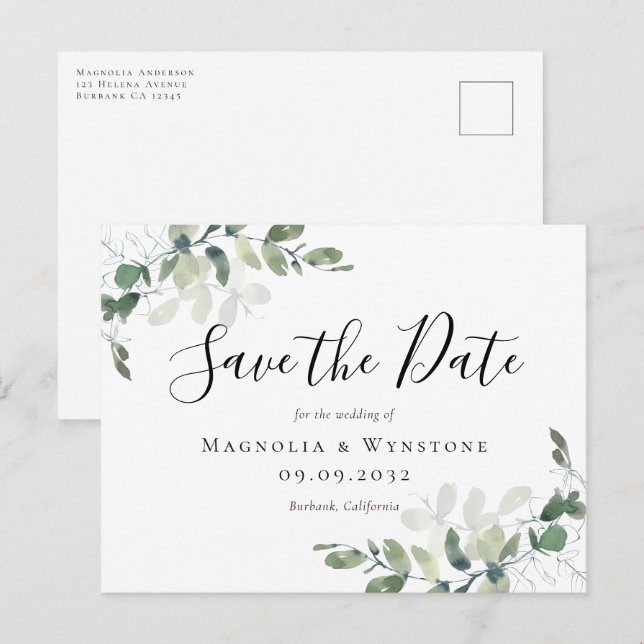 Eukalyptus Watercolor Wedding Save the Date Postkarte (Vorne/Hinten)