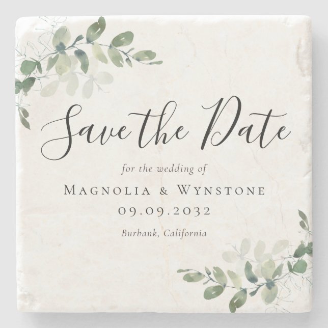 Eukalyptus Watercolor Wedding Save the Date Steinuntersetzer (Vorderseite)