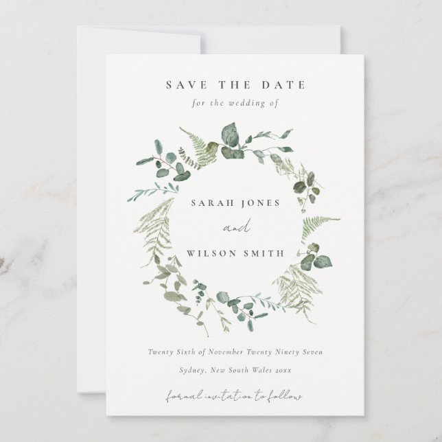 Eukalyptus Watercolor Wreath Wedding Save The Date (Vorderseite)