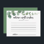Eukalyptus Wedding Advice Card Postkarte<br><div class="desc">Diese grüne Eukalyptus-Hochzeitsratenkarte ist perfekt für eine moderne Hochzeit. Das Design bietet Aquarellfarben handgezeichnet elegante botanische Eukalyptuszweige und Blätter. Diese Karten sind ideal für Hochzeiten,  Brautparty,  Babydusche,  Graduiertenfest u.v.m. Personalisieren Sie die Karten mit den Namen der Braut und Bräutigam,  den Eltern,  die Sie werden oder Absolvent.</div>