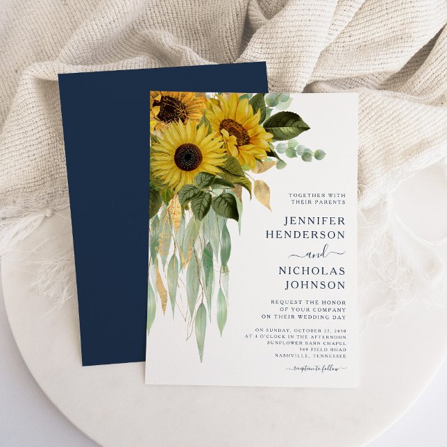 Eukalyptus Wedding Blue Floral Sunflower Einladung (Navy Blue Floral Sunflower Eucalyptus Wedding Invitation)