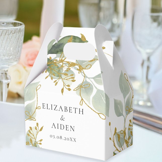 Eukalyptus Wedding Box  Geschenkschachtel (Personalized White Greenery Gold Eucalyptus Wedding Box with your names and date.)