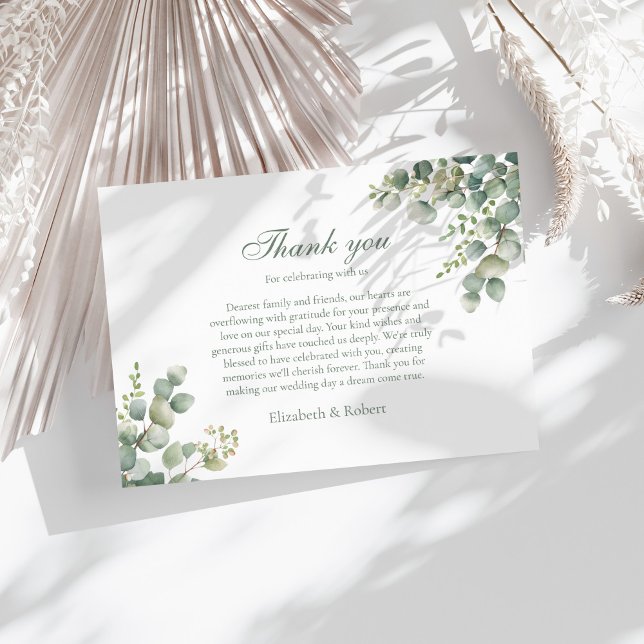 Eukalyptus Wedding Dankeskarte (Modern Greenery Eucalyptus Wedding Thank You Card on a sunny white table with neutral boho decor.)