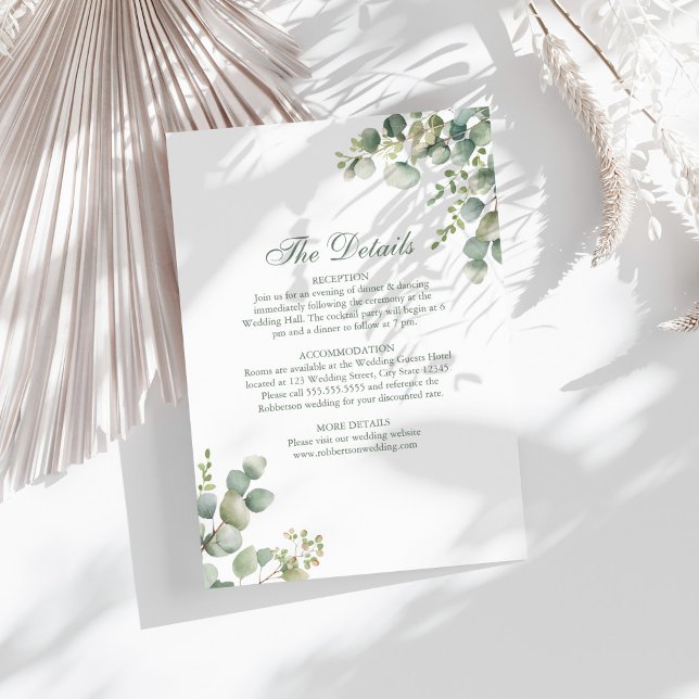 Eukalyptus Wedding Details Card Einladung (Modern Greenery Eucalyptus Wedding Details Card on a sunny neutral and white boho table.)