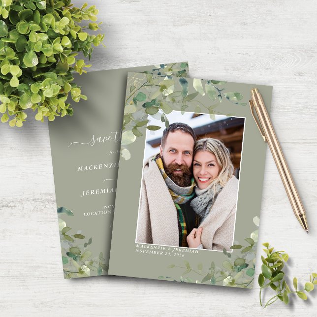 Eukalyptus Wedding Foto Save the Date (Budget Sage Eucalyptus Wedding Photo Save the Date Cards)