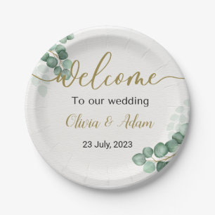 Eukalyptus Wedding Green Watercolor Begrüßungszeic Pappteller