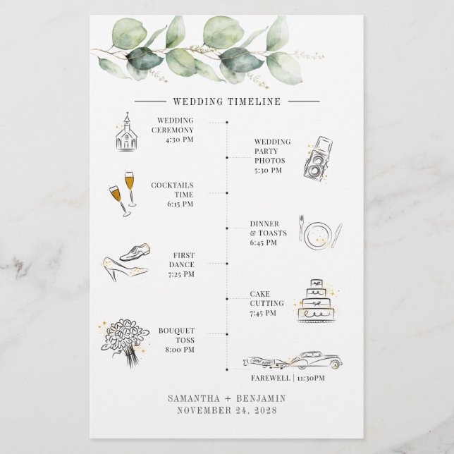 Eukalyptus Wedding Itinerary Timeline Briefpapier (Vorderseite)
