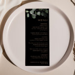Eukalyptus Wedding Menu Card Menükarte<br><div class="desc">Diese schwarze formelle minimale eucalyptus Hochzeitskarte ist perfekt,  um eine rustikale Hochzeit zu ergänzen. Das Design zeichnet sich durch Aquarellgrün eucalyptus foliage in einem schwarzen Hintergrund aus.</div>
