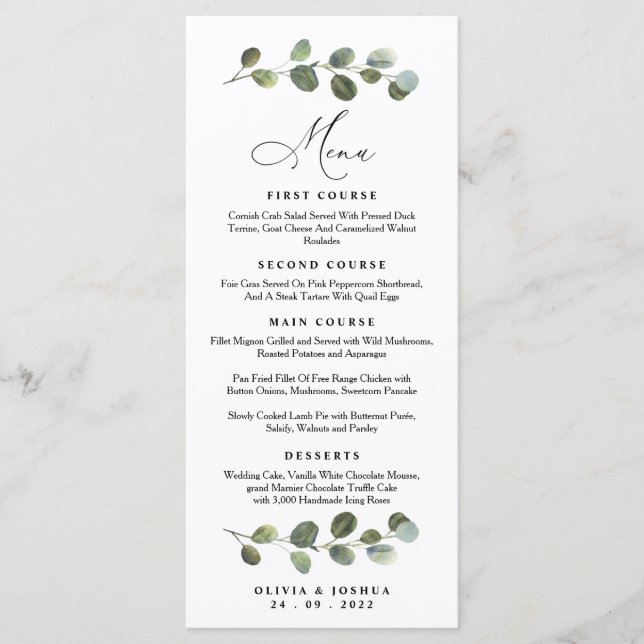 Eukalyptus Wedding Menu, Grüne Hochzeit Menükarte (Vorderseite)