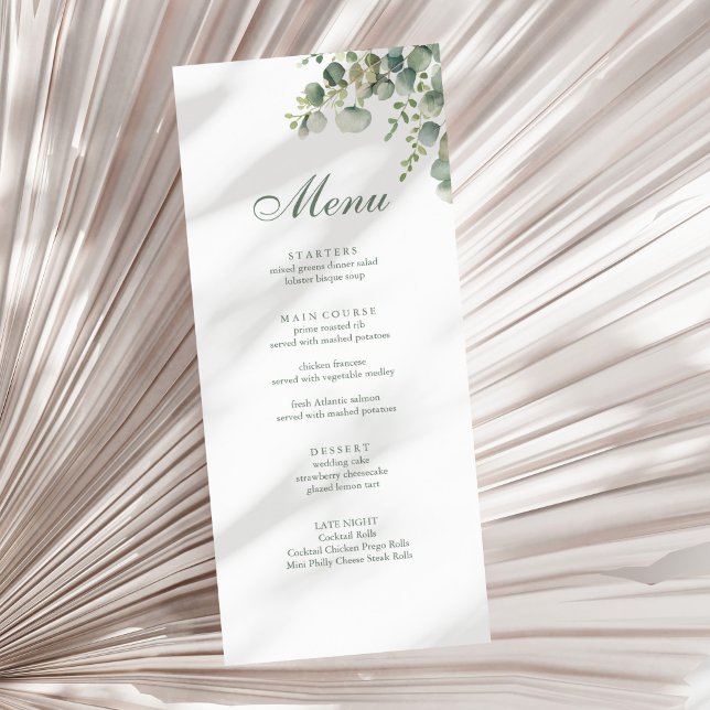 Eukalyptus Wedding Menükarte (Modern Greenery Eucalyptus Wedding Menu on a sunny neutral dry palm leaf.)