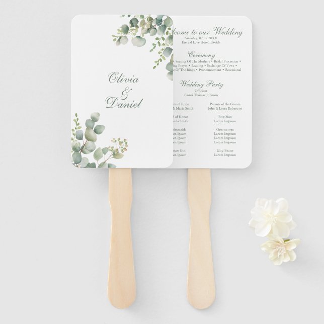 Eukalyptus Wedding Program für moderne Grünpflanze Fächer (Vorne und Hinten)