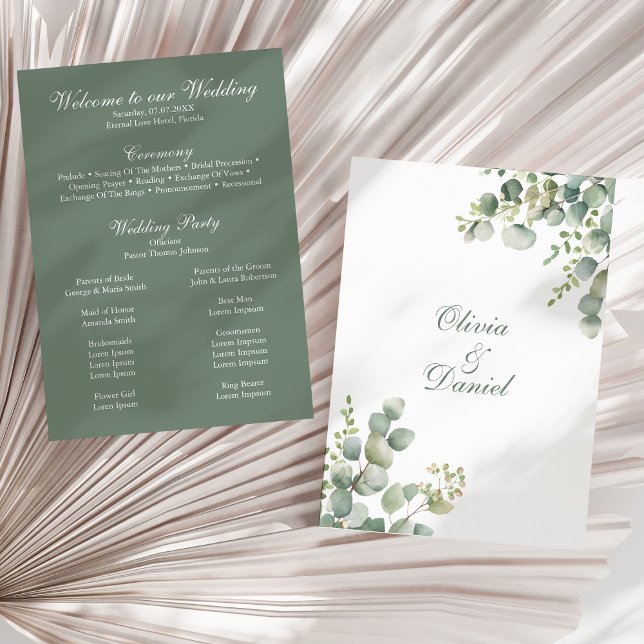 Eukalyptus Wedding Program für moderne Grünpflanze Programm (Modern Greenery Eucalyptus Wedding Program on a sunny neutral dry palm leaf.)