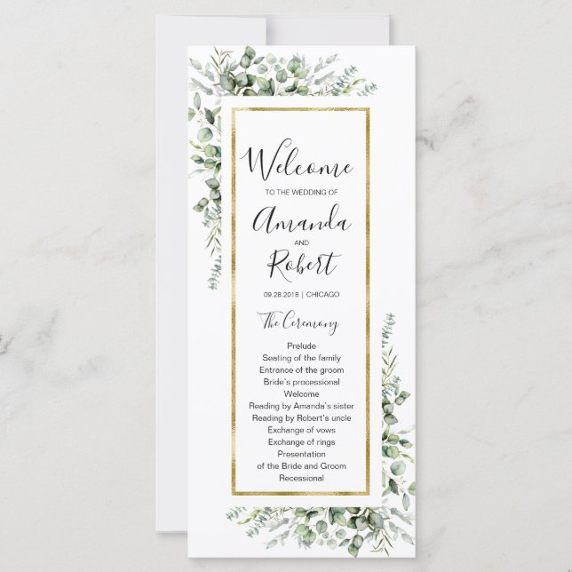Eukalyptus Wedding Program Gold Greenery (Vorderseite)