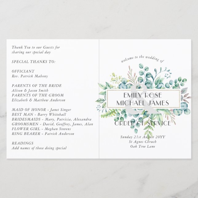 Eukalyptus Wedding Program Greenery Blätter (Vorderseite)