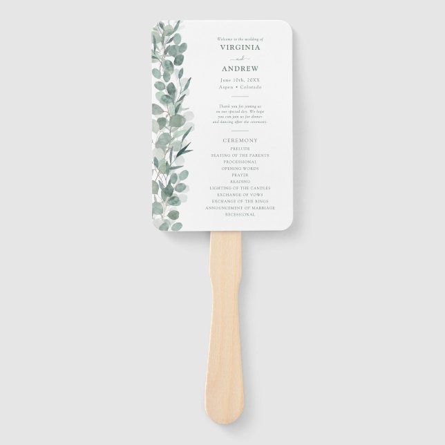 Eukalyptus Wedding Program Hand Fan Fächer (Vorderseite)
